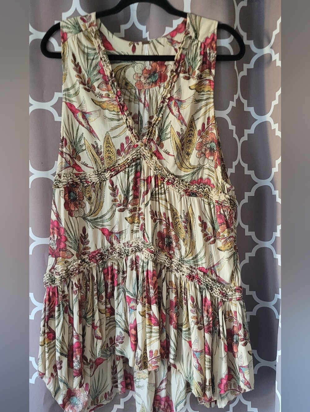 Free People Cream Tiered High Low Mini Dress with Pink & Gold Bird Print